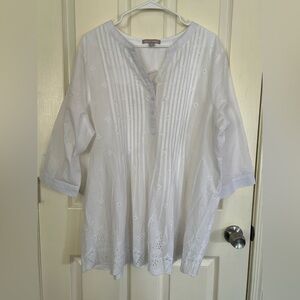 Woman Within White Eyelet Blouse Size 18/20 L Cotton Pintuck Tunic Top